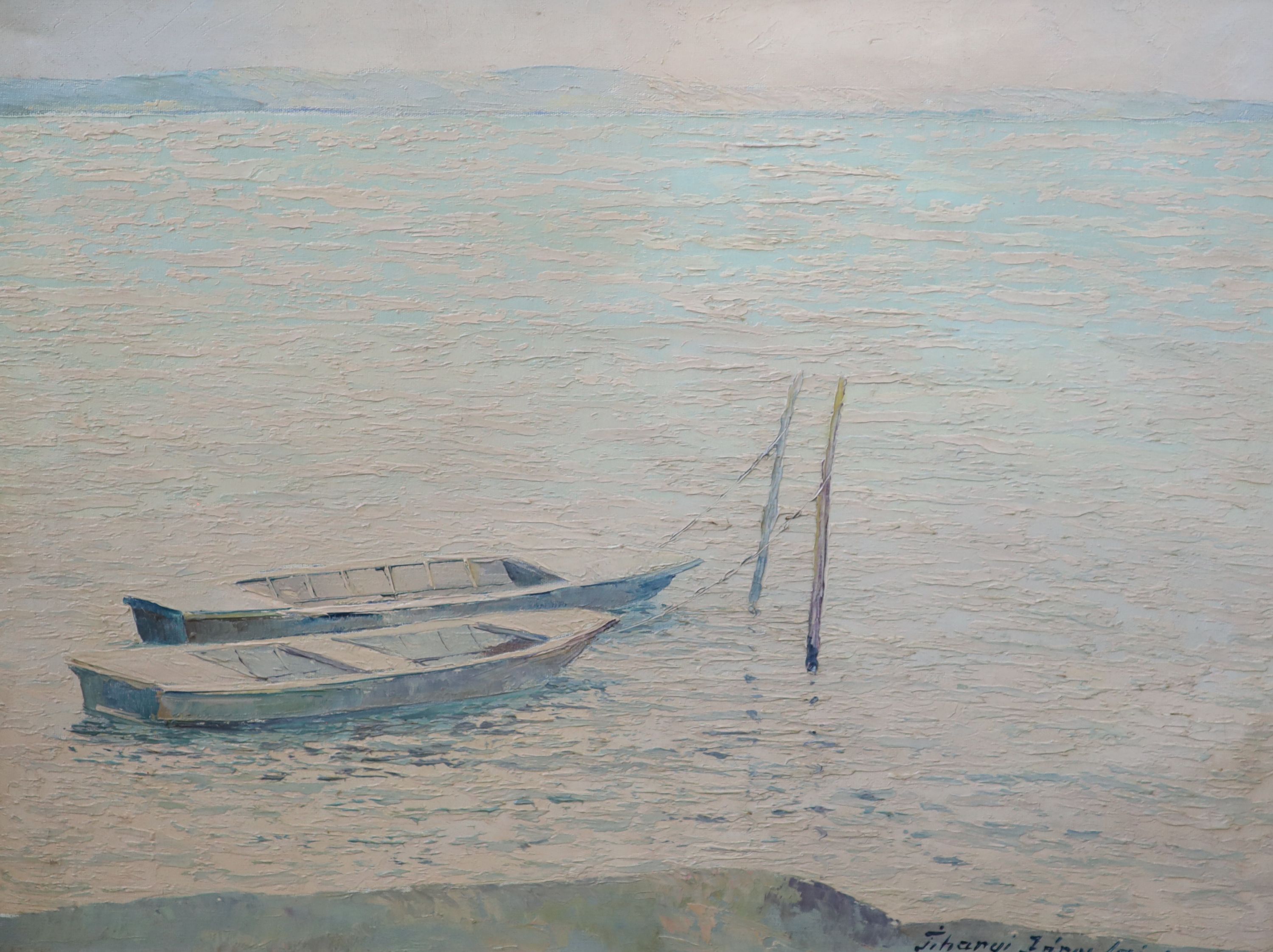 János Lajos Tihanyi (Hungarian, 1892-1957), Fishing boats on a calm sea, Oil on canvas, 60 x 80cm.